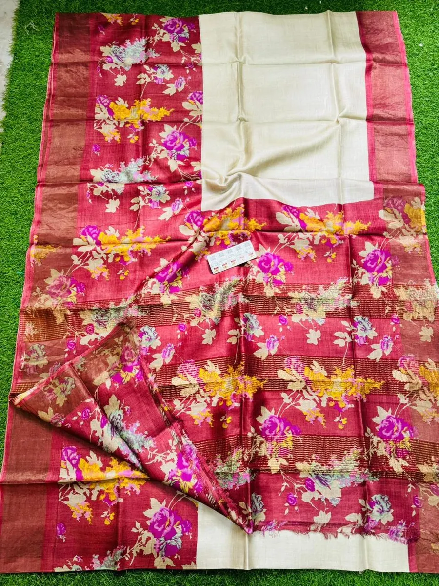 Tussar Silk Saree Traditional Block Type Printed Border And Pallu And Attach Contast Blouse Piece